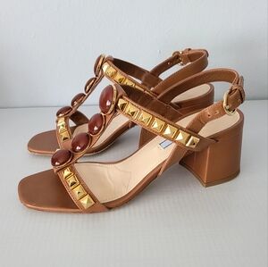 PRADA Cognac Brown Jeweled Stones Studded Slingback Sandals
